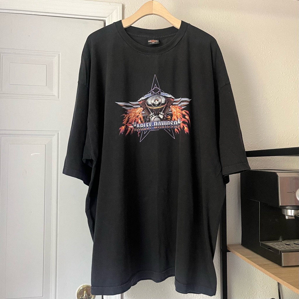 Harley Davidson Black Flame Logo 2000 Y2k Vintage Oversized Crew Neck Tee